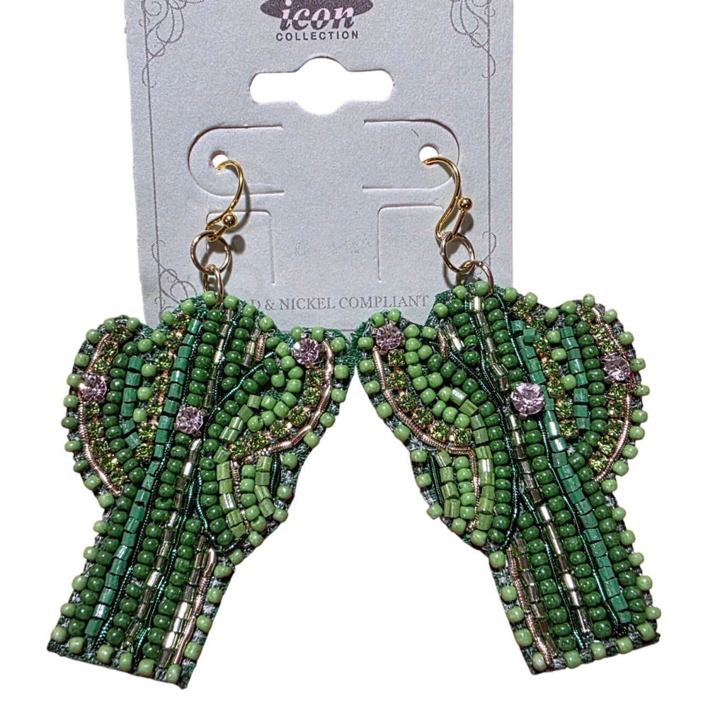 Icon Collection Beaded Cactus Earrings Green Pink Rhinestone Dangle Boho‎ NWT